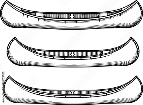 Vintage canoe outlines with detailed interiors a white background boat watercraft