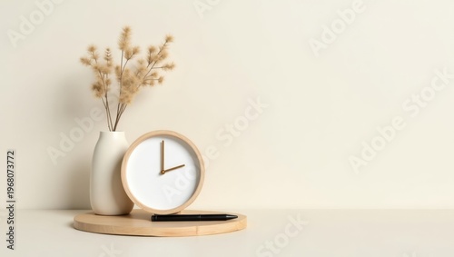 Minimalist desk setup featuring a clock, dried grasses, and a pen holder
