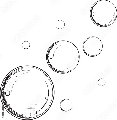 Floating Foam Bubbles Hand-drawn Sketch Drawing Vector Illustration, Line Linear Symbol Black and White Engraving, Isolated