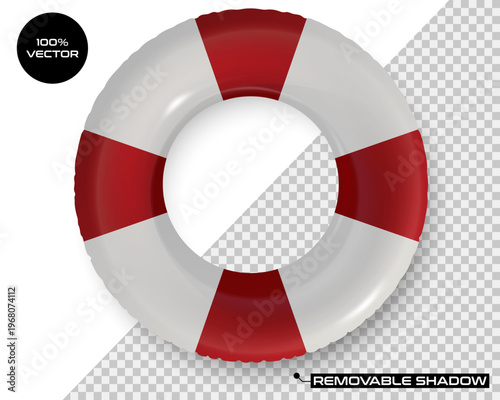 White red lifebuoy icon mockup. Vector 3D plastic inflatable life ring isolated on transparent background. Realistic 3d render for branding or product presentation. Air rubber floating accessory icon