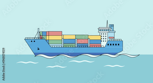 A stylized blue cargo ship with containers on the sea, with a light blue sky