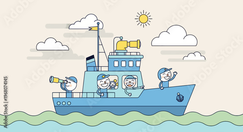 A cartoon sea vessel with crew enjoying the sunny day, sailing the wavy sea