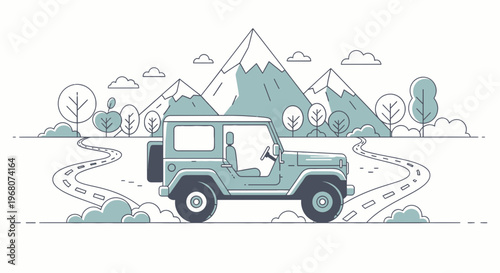 An illustration shows an off-road vehicle driving on a winding road, with mountains and trees