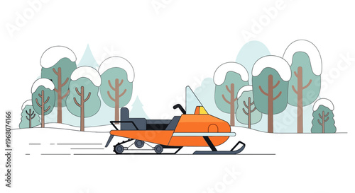An orange snowmobile speeds across a snowy landscape with snow-capped trees in the background