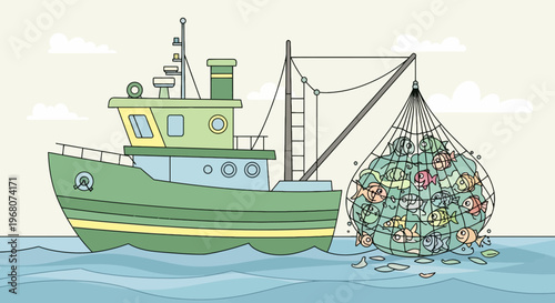 A green fishing boat pulls a net overflowing with colorful fish from blue water