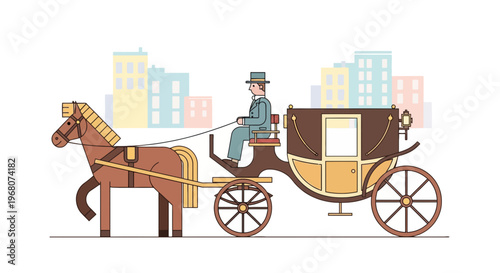 An illustration shows a horse-drawn carriage with a driver, set against a city skyline