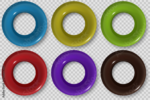Color inflatable swimming ring mockup set. Blue yellow green red purple brown vector 3D plastic lifebuoy isolated on transparent background. Realistic 3d render for branding presentation