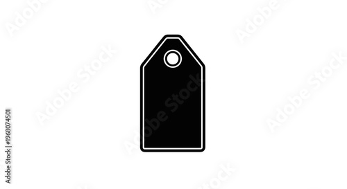 A black rectangular tag with a rounded top and a hole, outlined in white