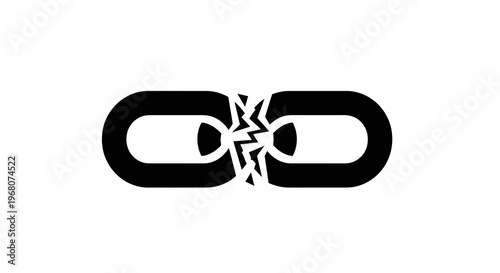 A black and white graphic depicting a broken chain. The chain links are split apart