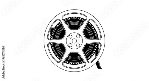 Line drawing of a film reel with film strip, black and white on a white background