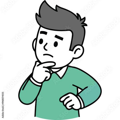 A thoughtful young man is depicted in a cartoon style hand to chin