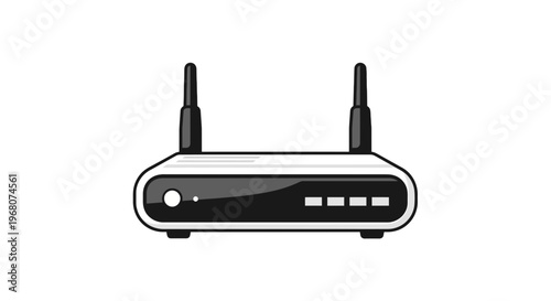 A stylized illustration of a white and black electronic device with two antennas