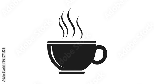 A stylized black and white cup of coffee with steam rising
