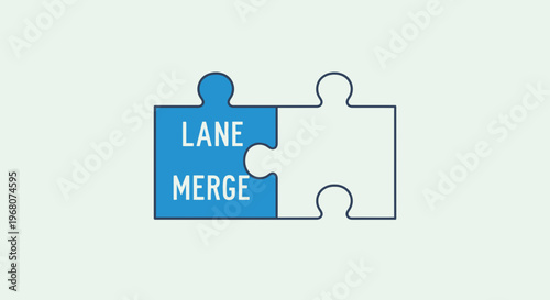 Two puzzle pieces, one blue with "LANE MERGE", the other white, on a light green background