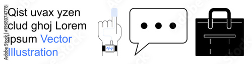 Technology, communication, messaging, wearable devices, productivity, office tools. A smartwatch with a finger tap gesture, a chat bubble and a briefcase icon. Technology and communication focus