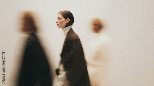 Elegant fashion portrait of woman in motion with soft blur effect, minimalist aesthetic with neutral tones and conceptual sense of movement and identity