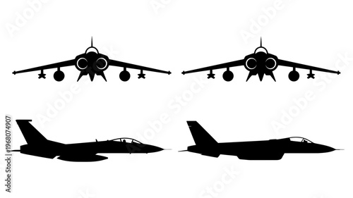 A detailed collection of military aircraft silhouettes shown from various front and side angles.