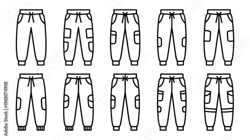 A diverse set of minimalist line art designs featuring modern cargo pants and joggers.