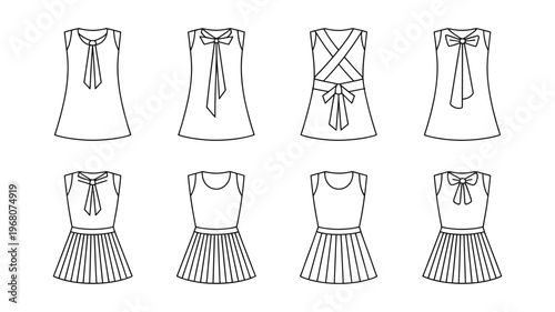 A collection of various simple outline drawings showcasing different dress and skirt designs.