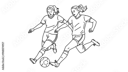 Two dynamic female soccer players actively competing for the ball during a game in a clear outline drawing.