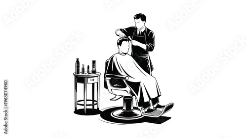 A skilled barber attentively giving a stylish haircut to a man seated in a barbershop chair.
