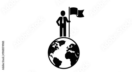 A man in a suit stands triumphantly on the globe holding a flag.