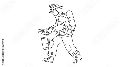 An outline drawing of a brave firefighter walking with a fire extinguisher ready for action.