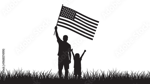 A proud man and child stand together on a grassy hill, holding the American flag high.