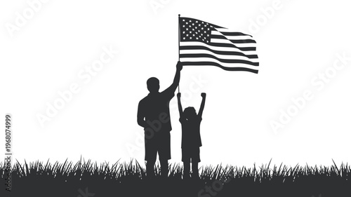 A powerful silhouette illustration of a father and child proudly holding up an American flag.