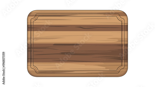 A simple rectangular wooden cutting board featuring horizontal grain patterns and rounded corners on white.