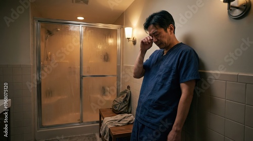 Tired healthcare worker in scrubs wiping eyes in warm bathroom light