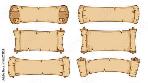 An arrangement of six different aged parchment scrolls with unique rolled ends and banner forms.