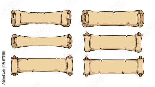 A collection of six diverse rolled parchment scrolls featuring various shapes and tie styles.