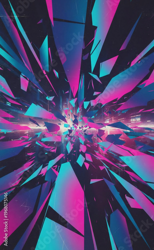 Abstract explosion of shattered geometric shapes in vibrant pink and blue hues, creating a dynamic and energetic visual experience