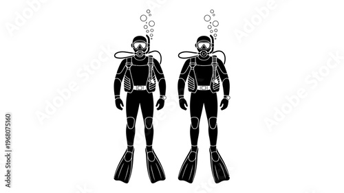 Two identical black silhouettes of scuba divers equipped with gear, exhaling bubbles underwater.