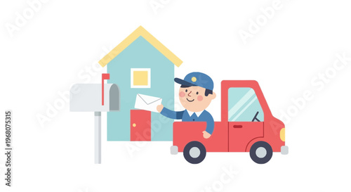 A mail carrier delivers mail to a house from a red truck. Keys Delivery, Mail, Postman, House, Red, Truck