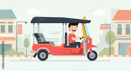 A red auto-rickshaw driven by a smiling man moves down a street with buildings