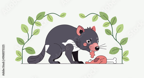 A cartoon illustration depicts a Tasmanian devil eating meat, framed by leaves