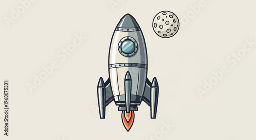 Cartoon rocket ship with fiery exhaust and a cratered moon against a neutral background