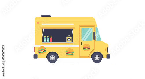 A yellow food truck with burger graphics, a serving window, and supplies