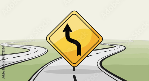 A road sign indicating a winding road ahead, with curved roads extending into the background