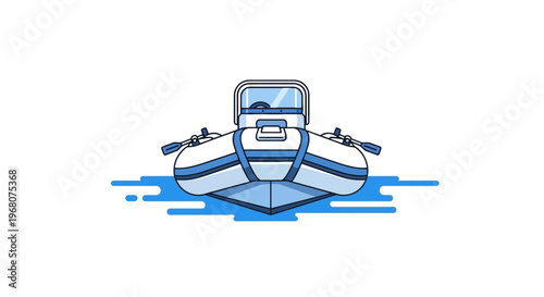 Front-facing illustration of an inflated boat on water, featuring oars, dashboard, and minimalist design