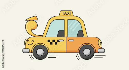 Cartoon taxi illustration in yellow and orange with a quirky design