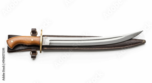A large, curved-blade knife, in a leather sheath, rests on a white background