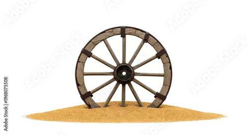 An aged wooden wagon wheel stands partially buried in sand, isolated on a white background