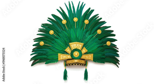 A stylized, ornate headdress with green plumes, gold accents, and geometric shapes