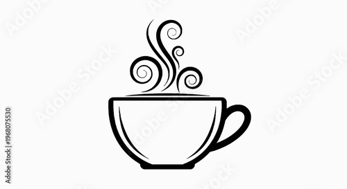 A black and white vector graphic of a teacup with steam rising in swirls