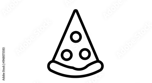 A black and white graphic of a pizza slice with three circular toppings on a white background