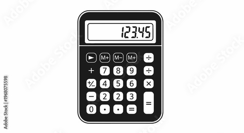 Vector illustration of a calculator with numbers displayed, various buttons, in black and white