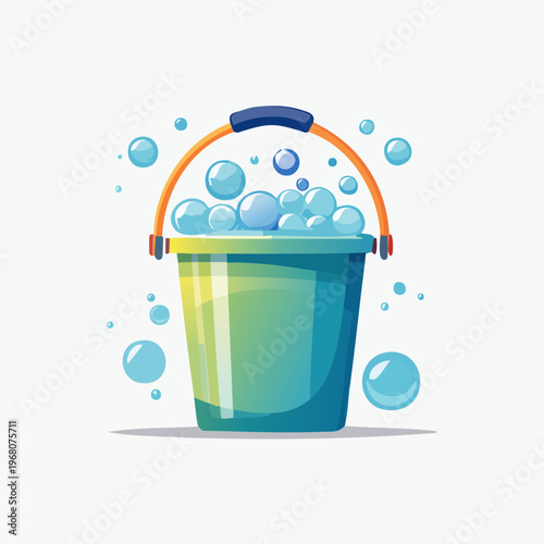 Vibrant Green Bucket Filled with Soapy Water and Bubbles, Ready for Cleaning Tasks.